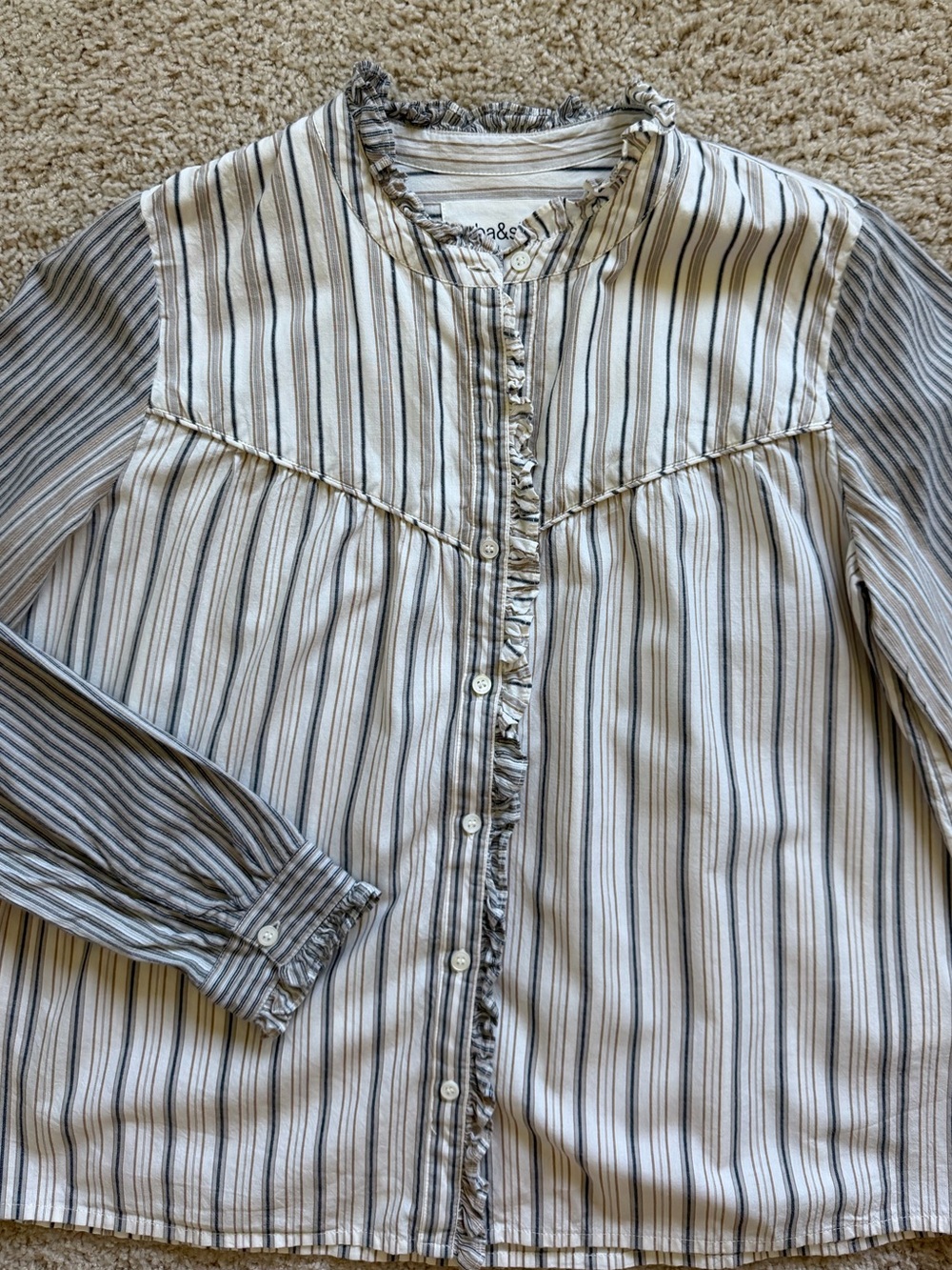 Ba&sh Ivory and Black Striped Ruffle-Trim Button Front Blouse
